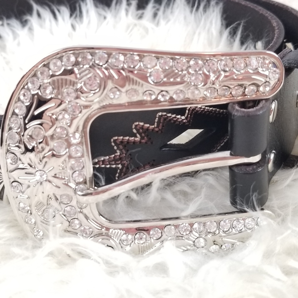 Women's Nocona Black Silvertone Rhinestone Western Belt Size Large